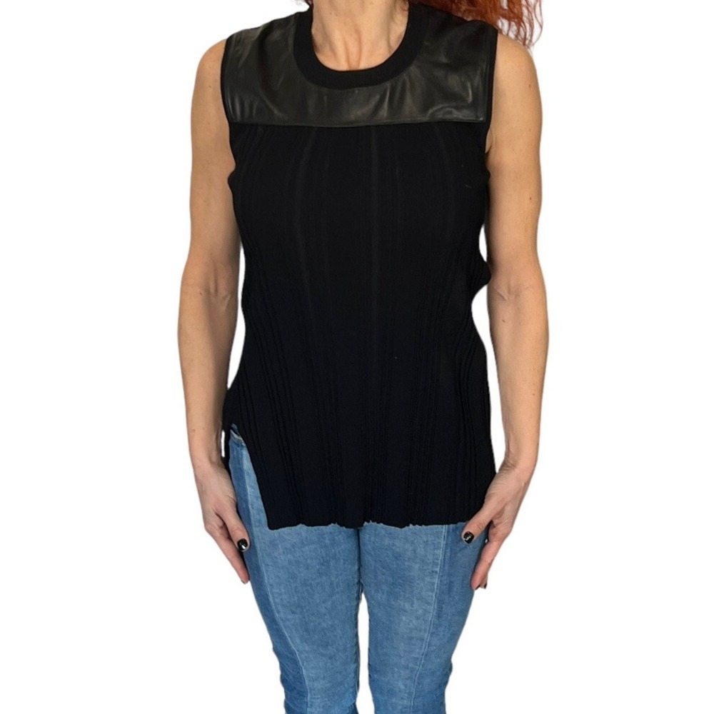 Reed Krakoff Black Knit Sleeveless Knit Sweater Top Vest‎ Lamb Leather Panel M